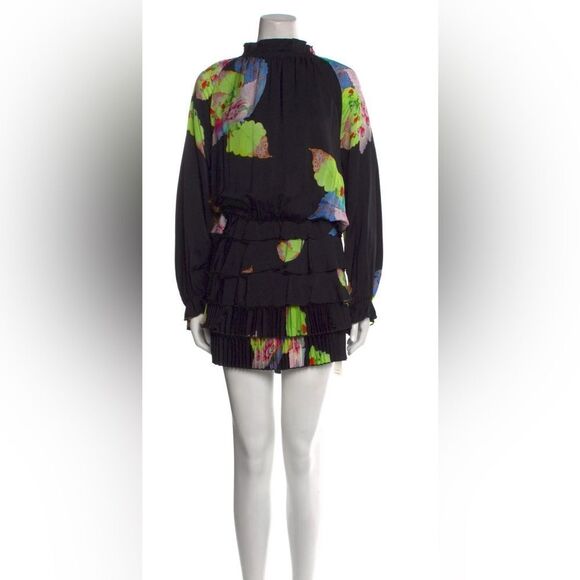 Cynthia Rowley Shift Dress Black Floral Print Pleated Ruffle Accents Long Sleeve - Picture 1 of 8